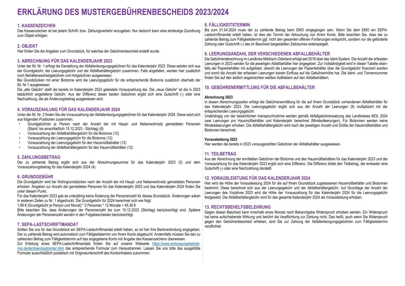 Erklärung zum Mustergebührenbesheid 2023/2024